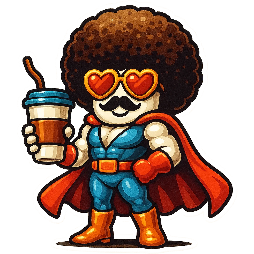 coffee creature, big heart eyes, big smile emoji