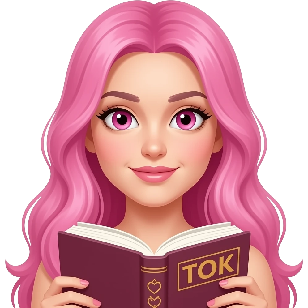 sexy girl with long pink hair and pink eyes holding a BOOKTOK emoji