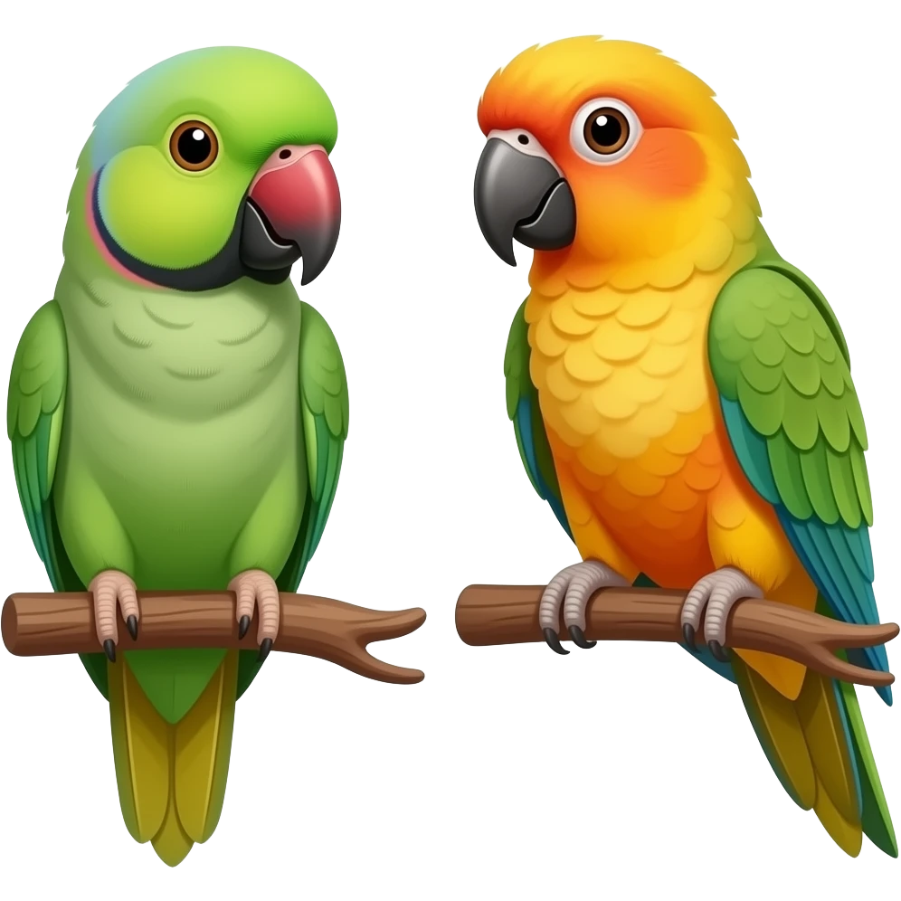 green indian ring neck parrot beside a sun conure parrot with all green wings emoji