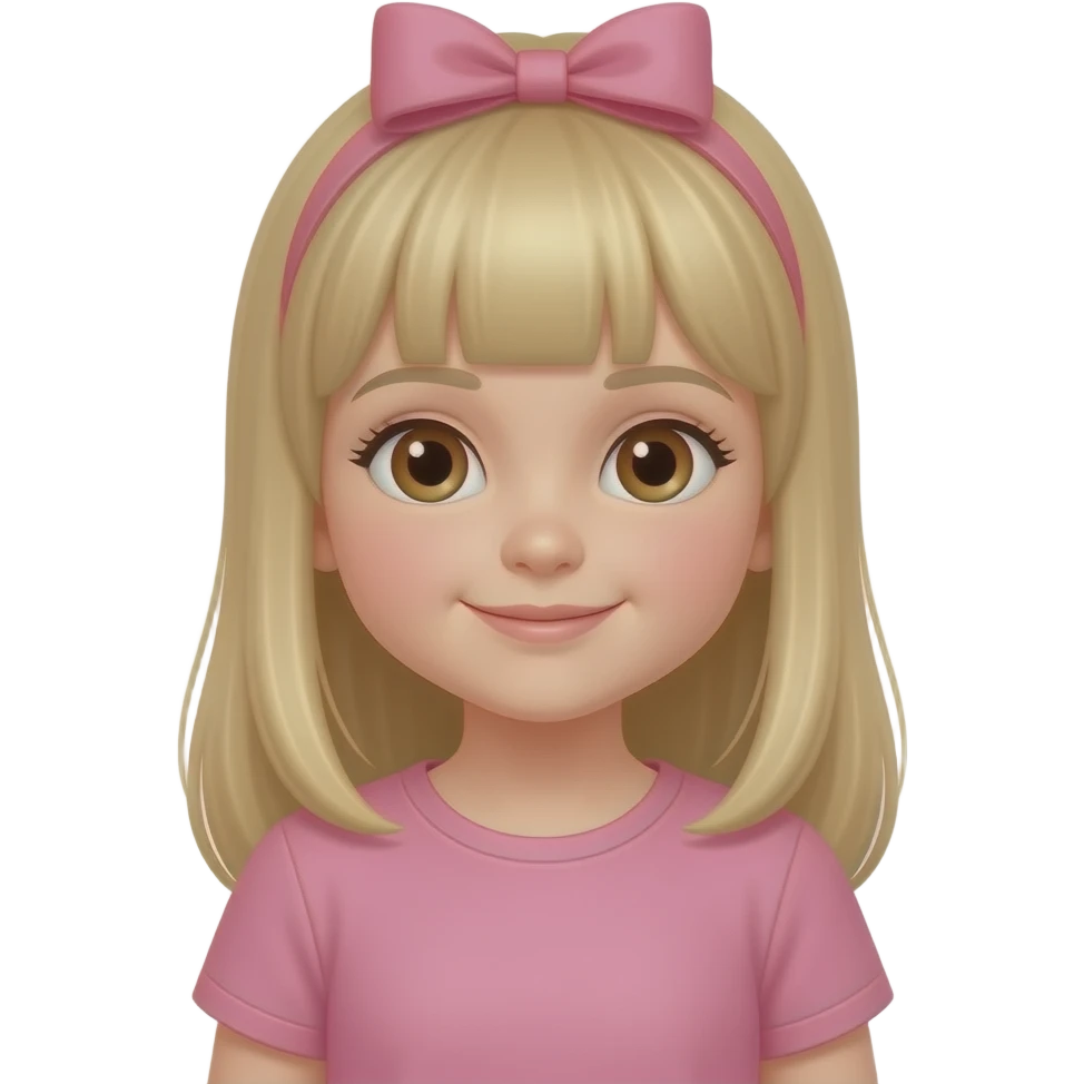 Stunning little 3 year old girl long blonde straight hair no bangs brown eyes pink tshirt pink bow emoji