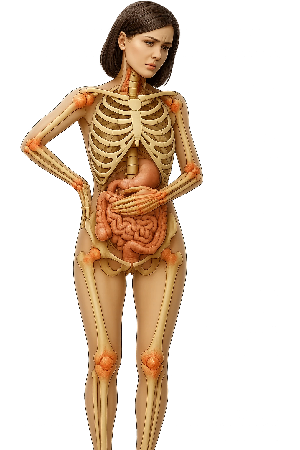 donna realistica a figura intera con red spot sparsi alle ossa, ossa del corpo visibili sul corpo, non sul volto iperrealistico 4k emoji