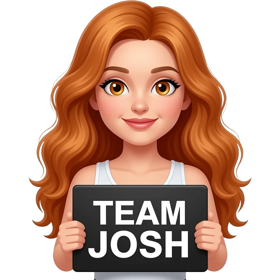sexy girl with long wavy ginger hair and ginger eyes wearing a white tanktop is holding a black colored sign with TEAM JOSH written on it emoji