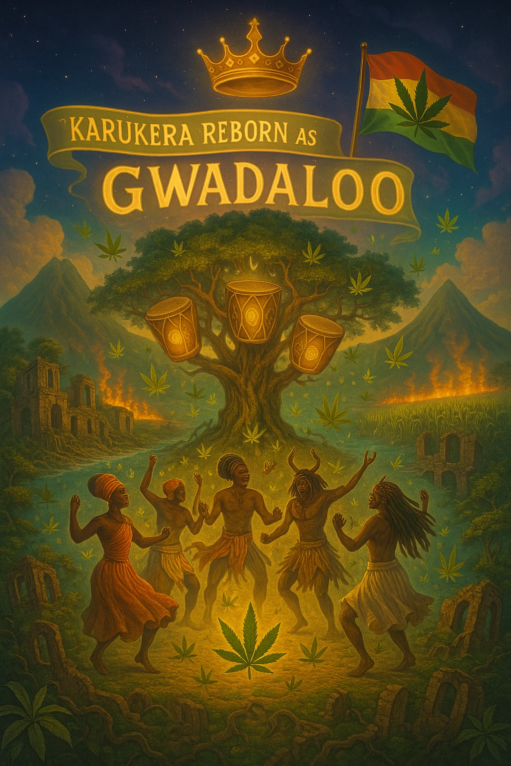 Create a powerful, surreal vision of the Caribbean island Guadeloupe, reimagined as ‘Gwadaloo’ — its sacred, sovereign identity restored. The island is lush, tropical, and volcanic, with two green volcanoes glowing golden at the peaks. In the center stands a giant mystical Drum Tree, its branches bearing carved drums instead of fruit, glowing with rhythmic light. Ancestral spirits of African and indigenous lineage dance in a circle around the tree, surrounded by floating ganja leaves and sacred symbols. Sugarcane fields burn gently in the background, symbolizing the end of colonial suffering. Ruins of colonial buildings crumble into the earth, reclaimed by vines and jungle. Above the island, a glowing banner in the sky reads: ‘Karukera reborn as Gwadaloo.’ A ganja-leaf flag waves high in red, green, and gold, and a golden Creole crown floats in the sky above the island — not worn by any man, but held in rhythm. The ocean is turquoise, the light is divine, and the entire scene radiates spiritual victory, cultural remembrance, and cosmic rhythm. Use a warm, cinematic palette of golds, greens, blues, and purples. Style should feel epic, sacred, and symbolic — a rebirth of Caribbean power. emoji