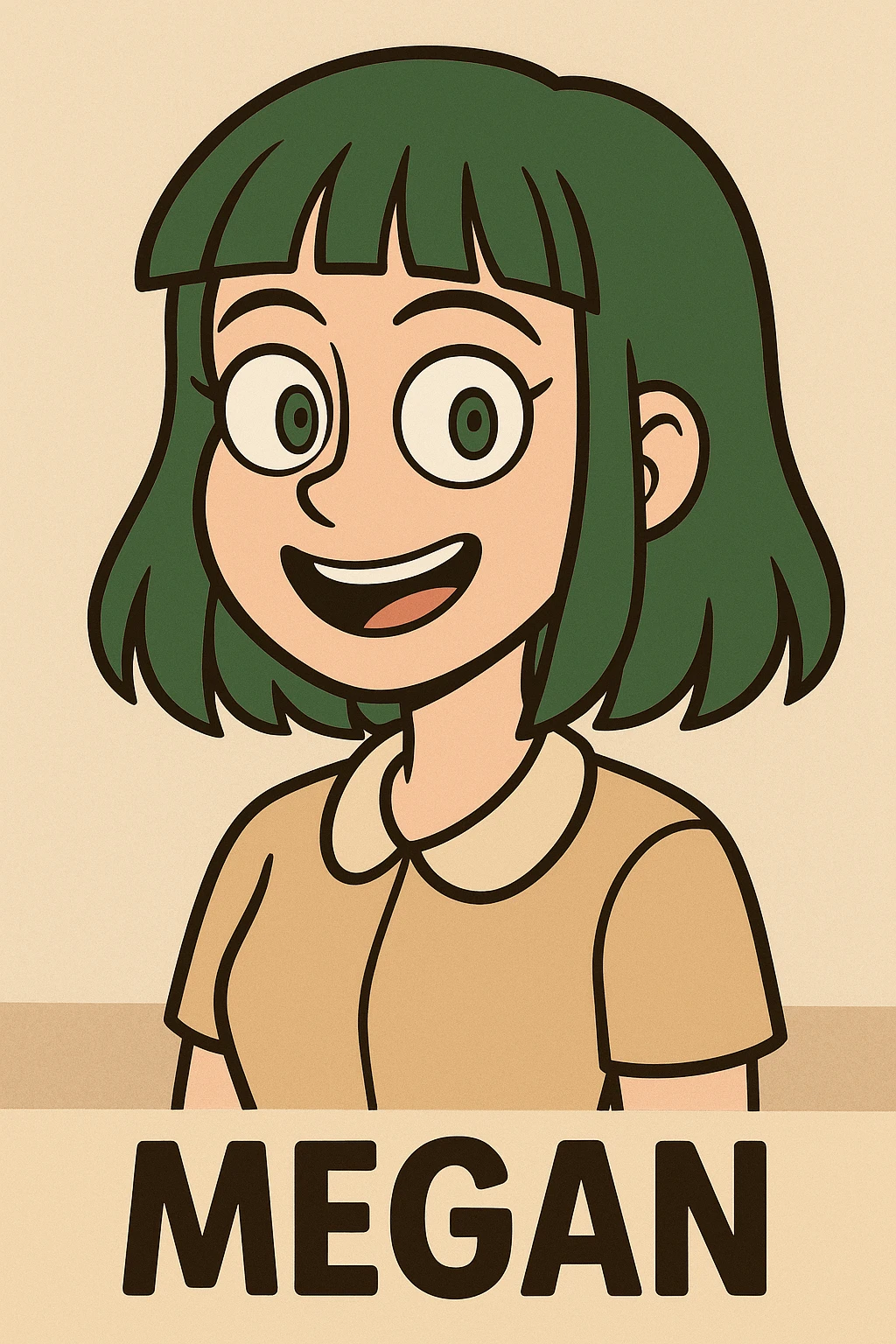 cartoon face of Megan inspired by the reference image, green hair, straight bangs, green eyes emoji
