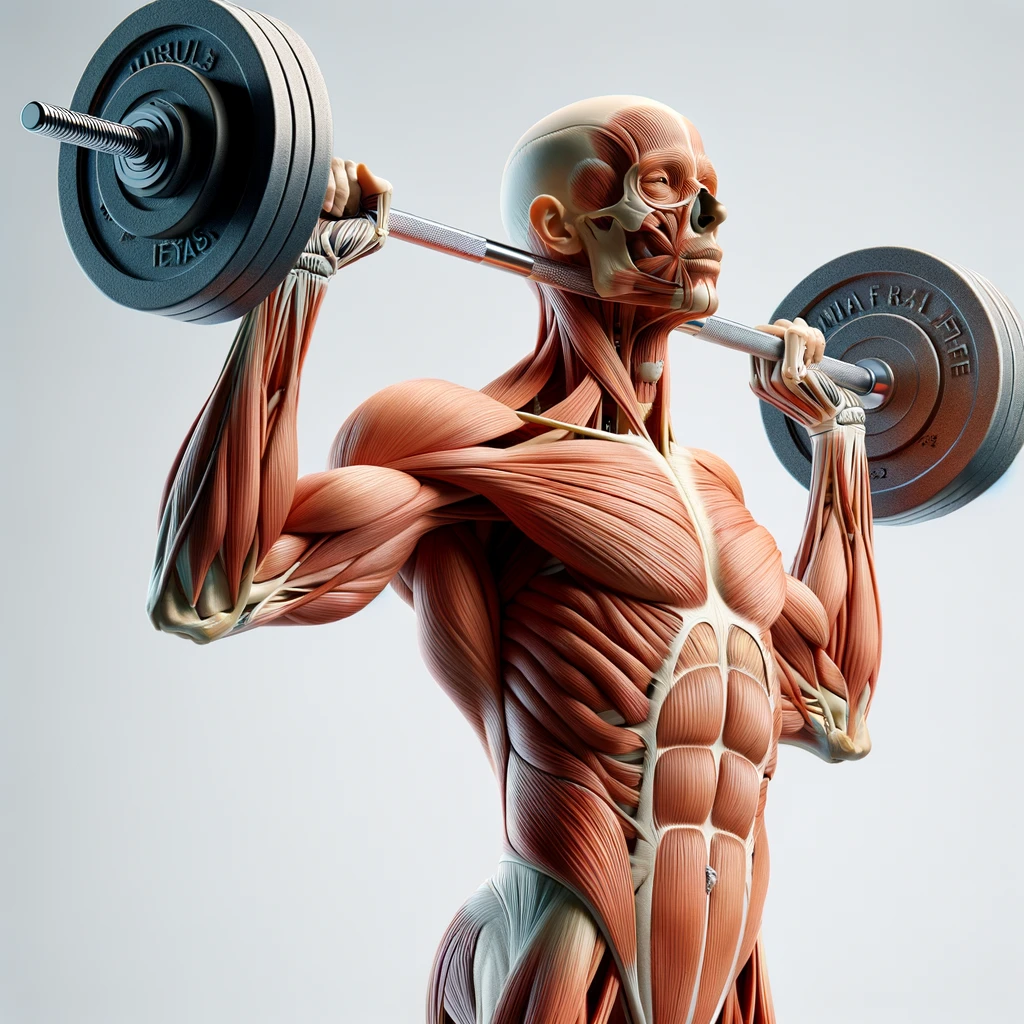 corpo umano anatomico che fa pesi palestra, iperrealistico 4k, isolato su sfondo bianco emoji