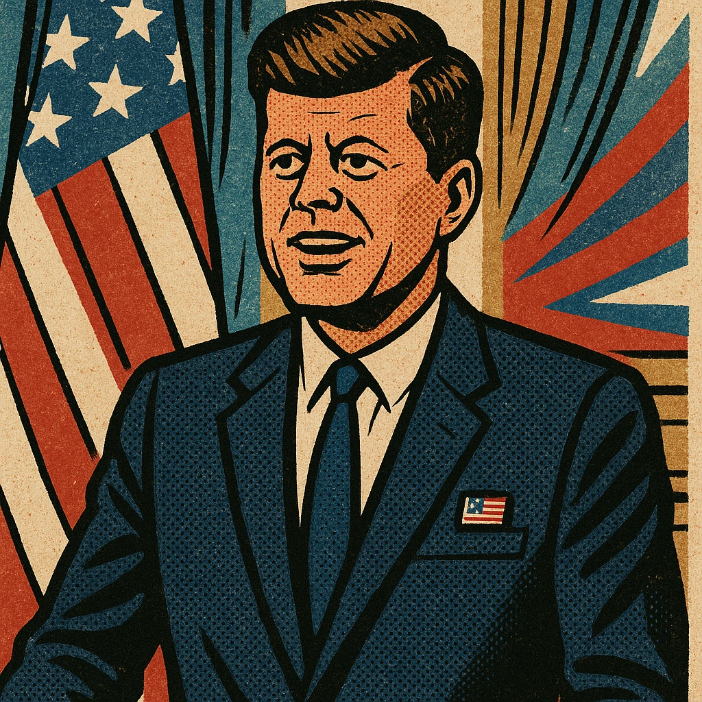 President Kennedy wearing a suit with a US flag badge standing in front of a US flag in his office emoji