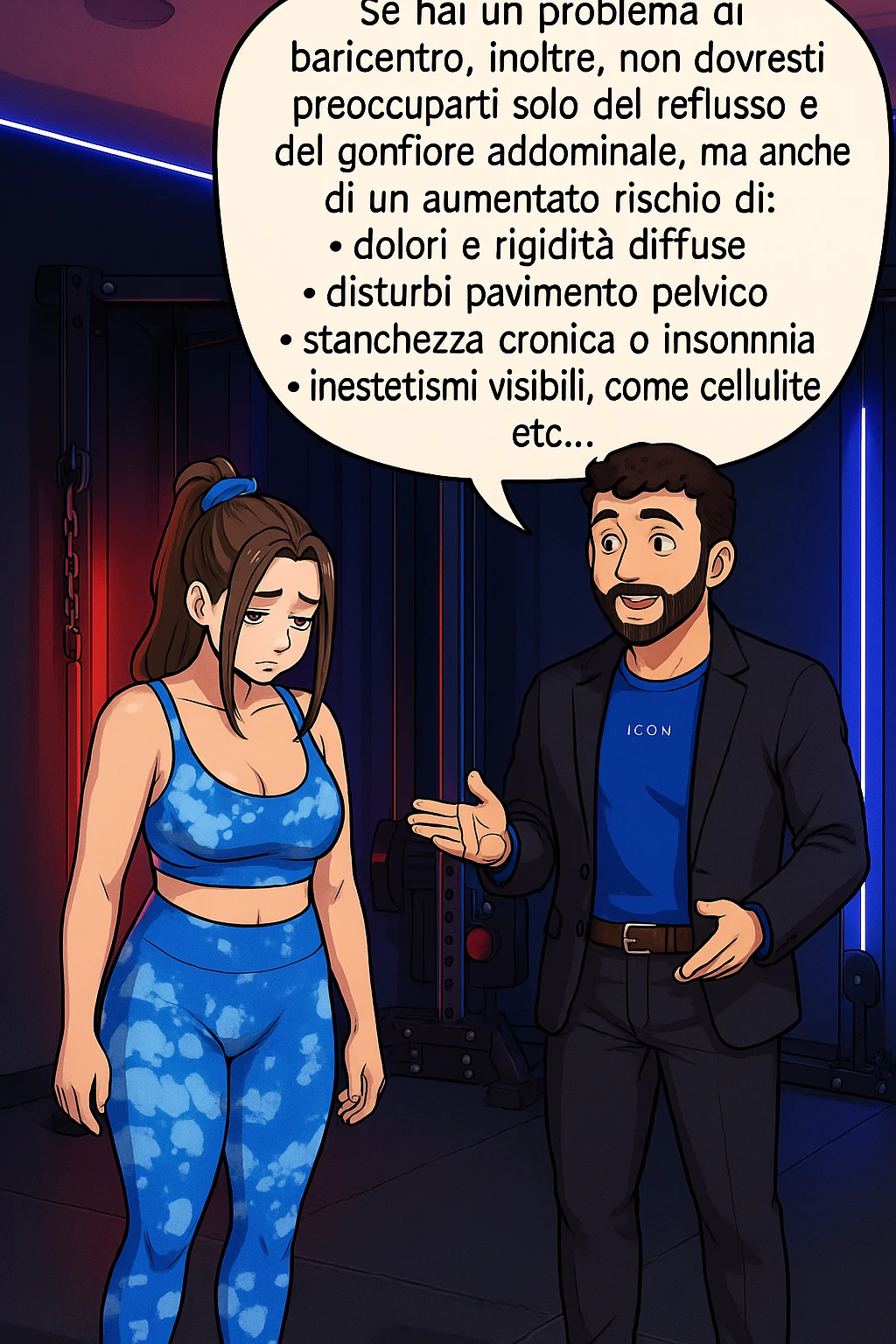 TRASFORMA QUESTO CAROSELLO IN UN FUMETTO STILE WEBTOON/MANGA A COLORI CON QUESTE DUE PERSONE IDENTICHE CHE INTERLOQUISCONO TRA LORO, L'uomo sta spiegando alla donna questo concetto:

Se hai un problema di baricentro, inoltre, non dovresti preoccuparti solo del reflusso e del gonfiore addominale, ma anche di un aumentato rischio di:
    • dolori e rigidità diffuse
    • disturbi pavimento pelvico
    • stanchezza cronica o insonnia
    • inestetismi visibili, come celluluite
    • etc… emoji