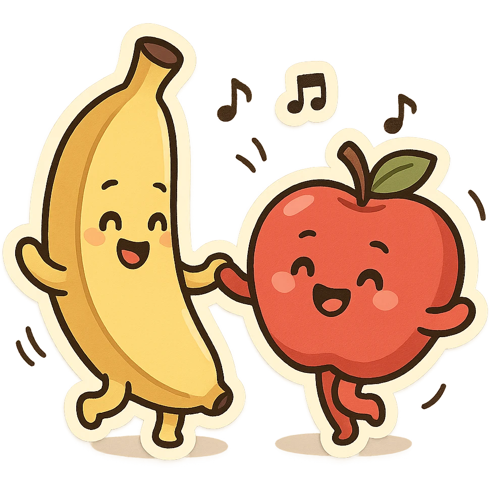 a banana and an apple dancing together, playful and fun, simple background emoji