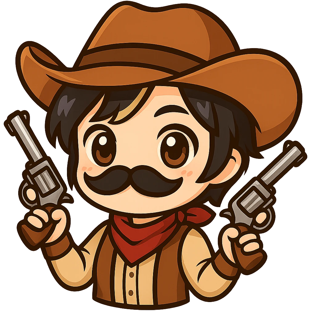 Edit the chibi cowgirl to have short hair and be holding two guns, one in each hand. Keep the cowboy hat, mustache, and western outfit. Maintain the chibi/anime style. Transparent background, sized for Twitch or Discord use. emoji