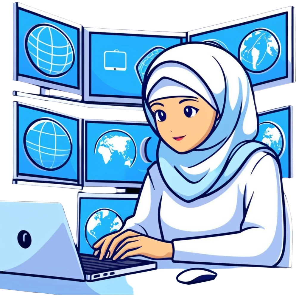 computer engineer with white hijab wearing blue clothes, working with multiple holographic screens showing digital world, virtual interfaces, metaverse elements emoji
