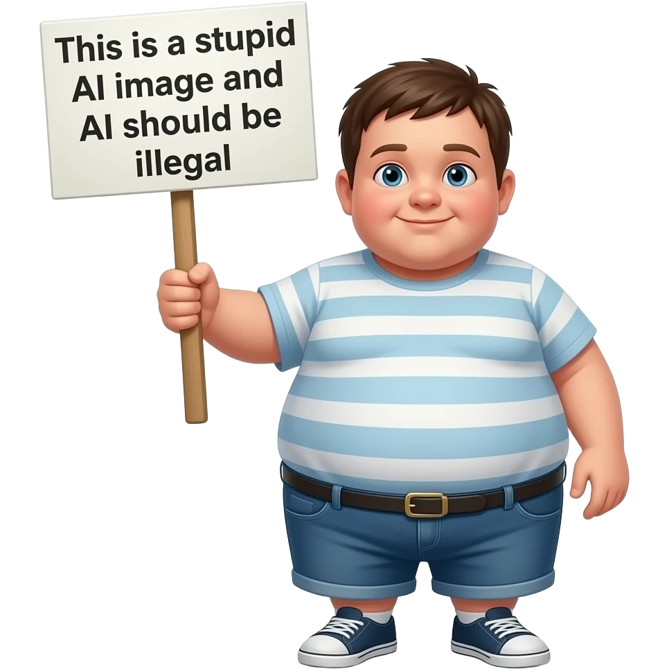 Morbidly obese kid holding up a sign that says “this is a stupid ai image and ai should be illegal” emoji