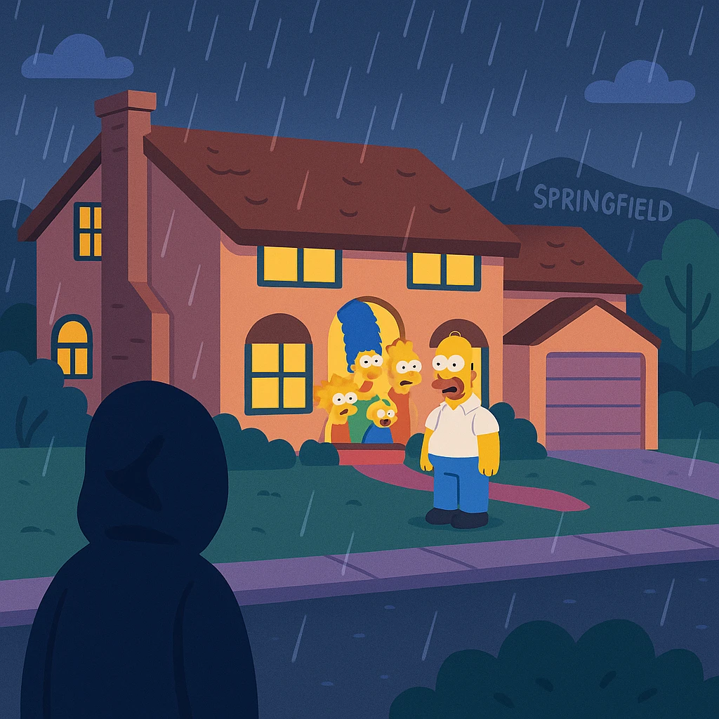 Springfield sous la pluie, la nuit. Une silhouette encapuchonnée observe la maison des Simpson. emoji