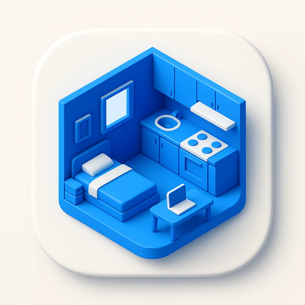studio apartment icon, minimalist, modern, clean look, glossy 3D blue style, rounded square background, suitable for UI icon emoji