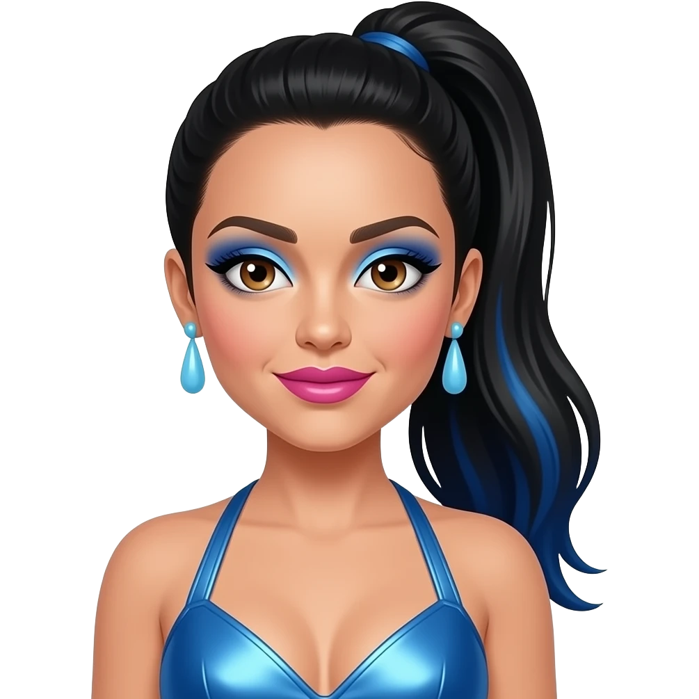 Melanie C from Spice Girls with hazel eyes, long black high ponytail hair with indigo highlights, blue eyeshadow, hot pink lipstick, blue metallic halter dress, light blue earrings emoji