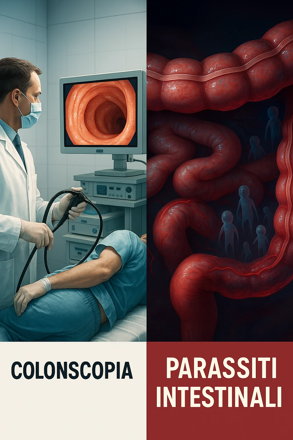 A split-screen medical illustration in cinematic style: on the left side, a doctor performing a colonoscopy on a patient in a sterile clinic, with the endoscopic camera displaying clean, healthy mucosal surfaces on a screen. On the right side, a symbolic cross-section of the same intestine — but shown in deeper layers beneath the surface, where parasitic organisms (small, translucent or shadowy figures) hide between folds and tissues not visible via standard scope. The contrast is clear: what is seen vs. what remains hidden. Lighting on the left is bright, sterile, clinical; lighting on the right is darker, with red and blue tones to suggest inflammation and invasion. Shot in hyper-realistic 3D medical style, educational but emotionally charged IN ITALIANO emoji