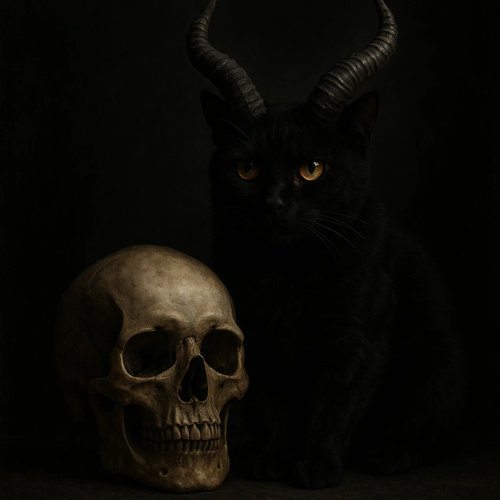 A black cat with large, twisted demon horns, sitting next to a human skull, dark and atmospheric, moody and dramatic emoji