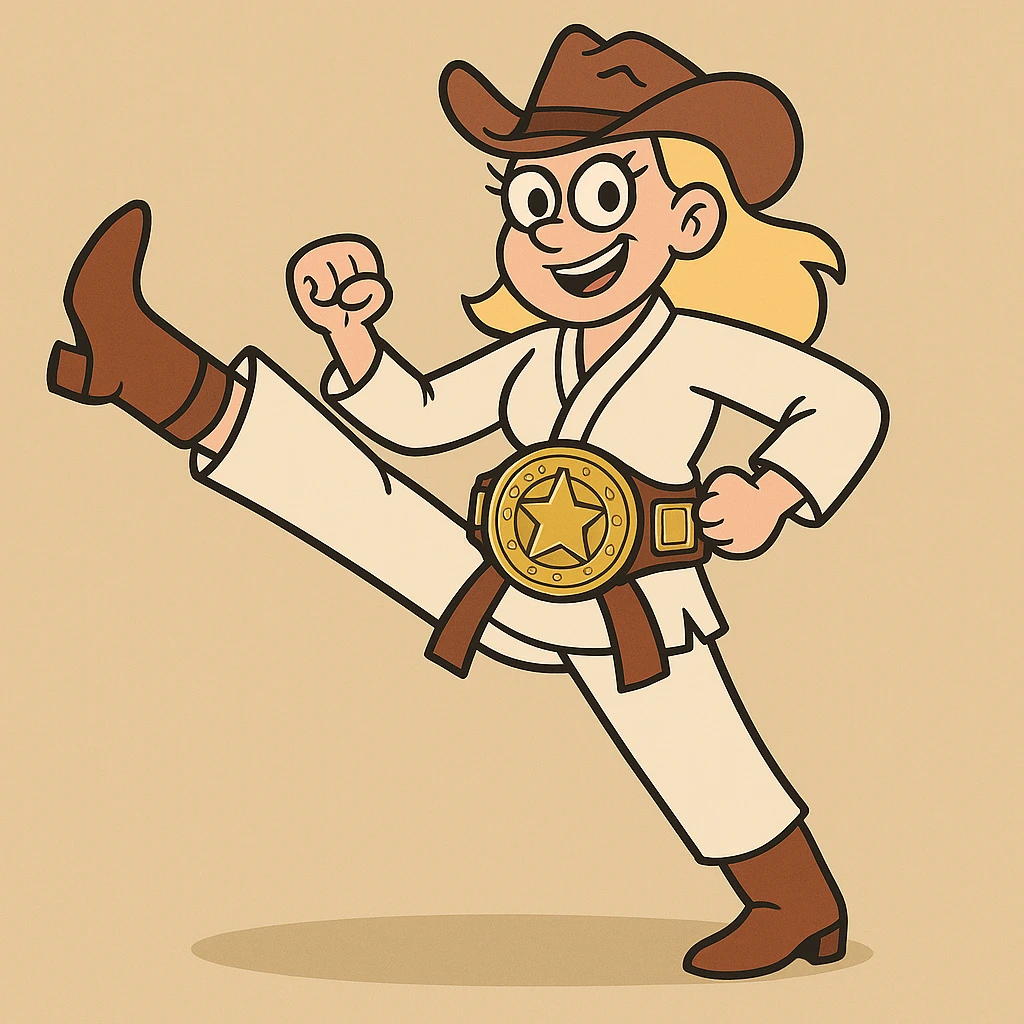 Add a large, shiny championship belt around her waist, making it prominent and detailed, in the same flat toon style. emoji