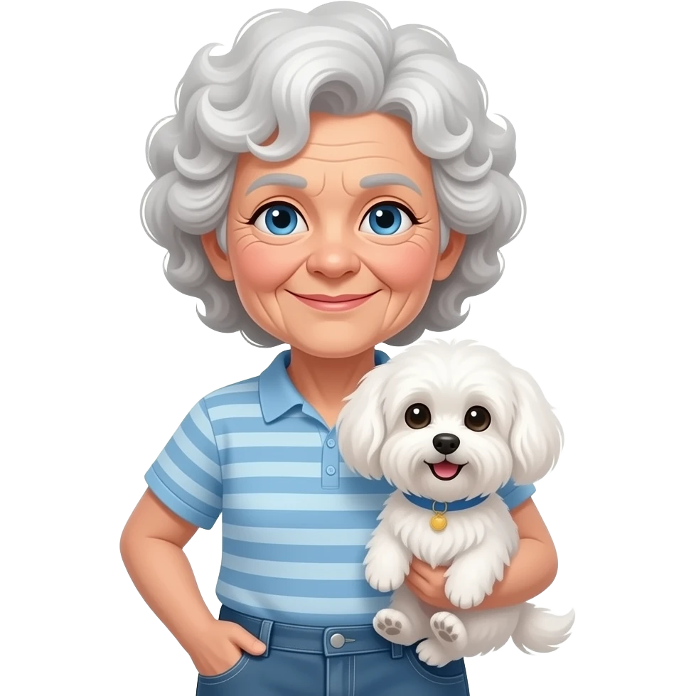Elderly woman blue eyes very curly hair with maltese dog emoji