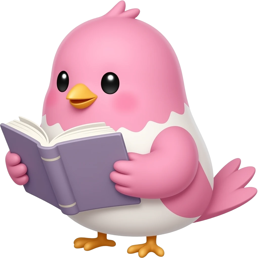 lovable small pink bird in a kawaii style reading a book. the image must be a transparent .png emoji