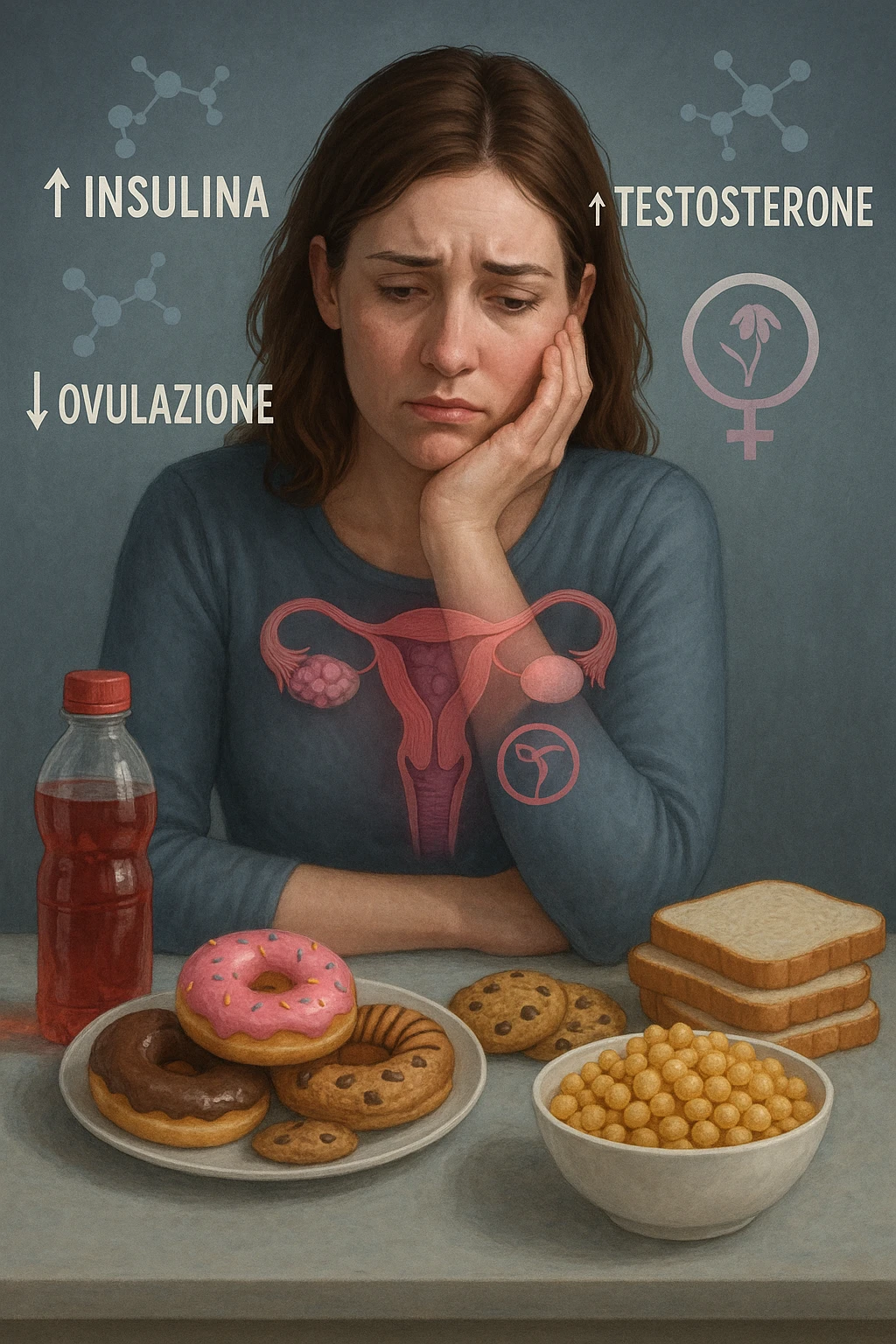 Donna tra i 25 e i 35 anni con espressione affaticata e delusa, seduta a tavola. Davanti a lei cibi ad alto indice glicemico: dolci industriali, cereali raffinati, bibite zuccherate. In trasparenza sopra il suo corpo si vedono ovaie con cisti multiple (PCOS) e un simbolo stilizzato di fertilità (utero con fiore appassito o cerchio spezzato). Attorno a lei fluttuano molecole simboliche come '↑ Insulina', '↑ Testosterone', '↓ Ovulazione'. Atmosfera triste ma educativa. Colori freddi con accenti in rosso e viola. Stile realistico con elementi visivi simbolici chiari in italiano emoji