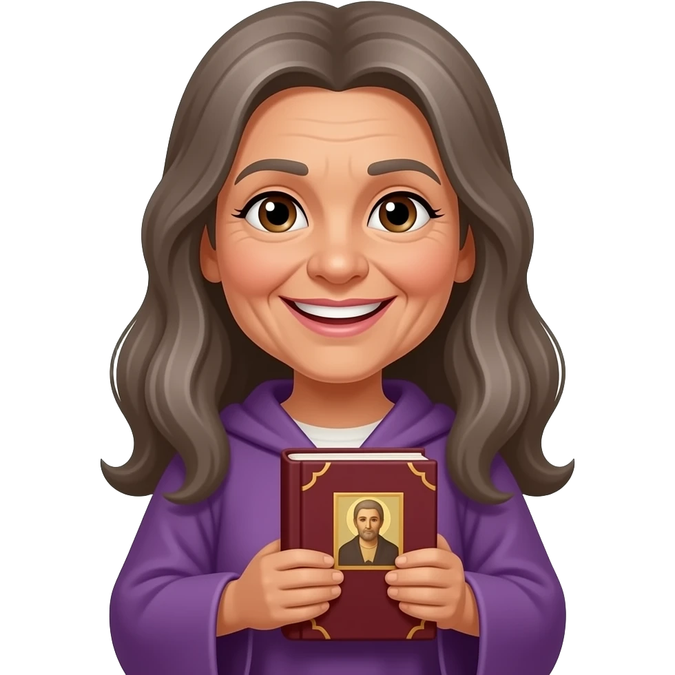 wise old woman smile with brown grey long hair tan skin purple robe brown eyes with burgundy book that has a cross on it emoji