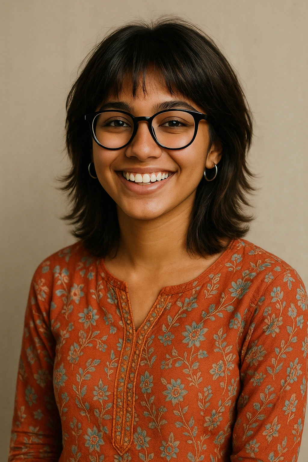 a 19-year-old girl with tan skin, shoulder-length wolfcut hair dark brown with hazel highlights, black bowline glasses, silver hoop earrings, wearing a kurti, smiling, casual pose emoji