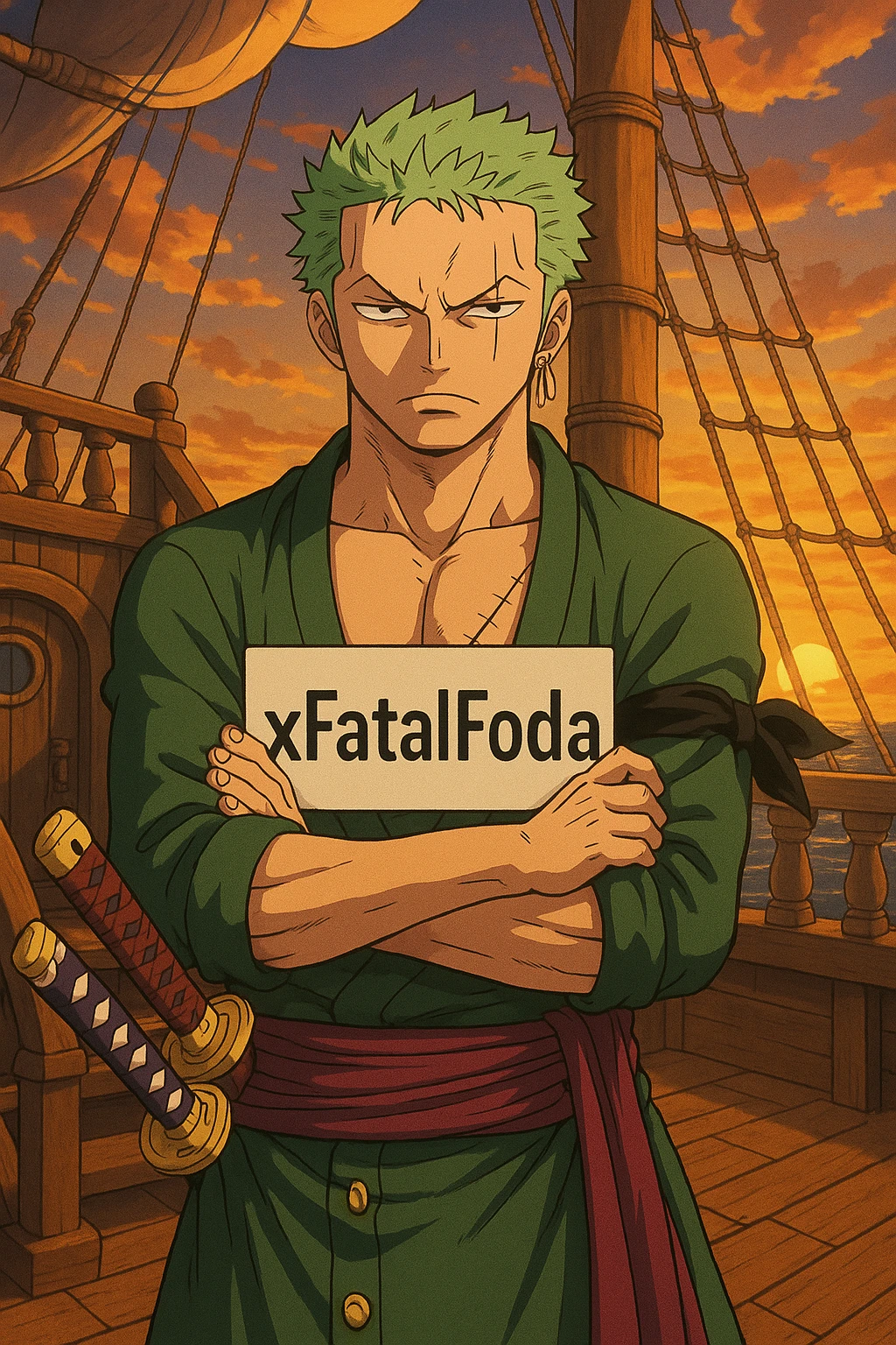Zoro from One Piece with arms crossed, serious expression, holding a sign that says ‘xFatalFoda’, pirate ship deck at sunset, Wano arc anime style, highly detailed emoji