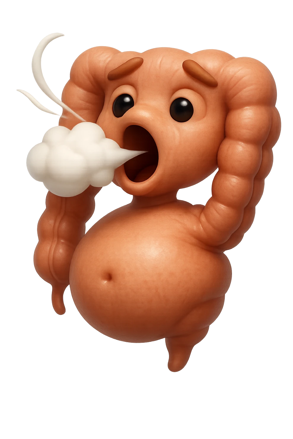 emoji stile iphone di un intestino che ingoia una nuvoletta di aria ben visibile e gli si gonfia la pancia, non fargli il naso, iperrealistico 4k emoji