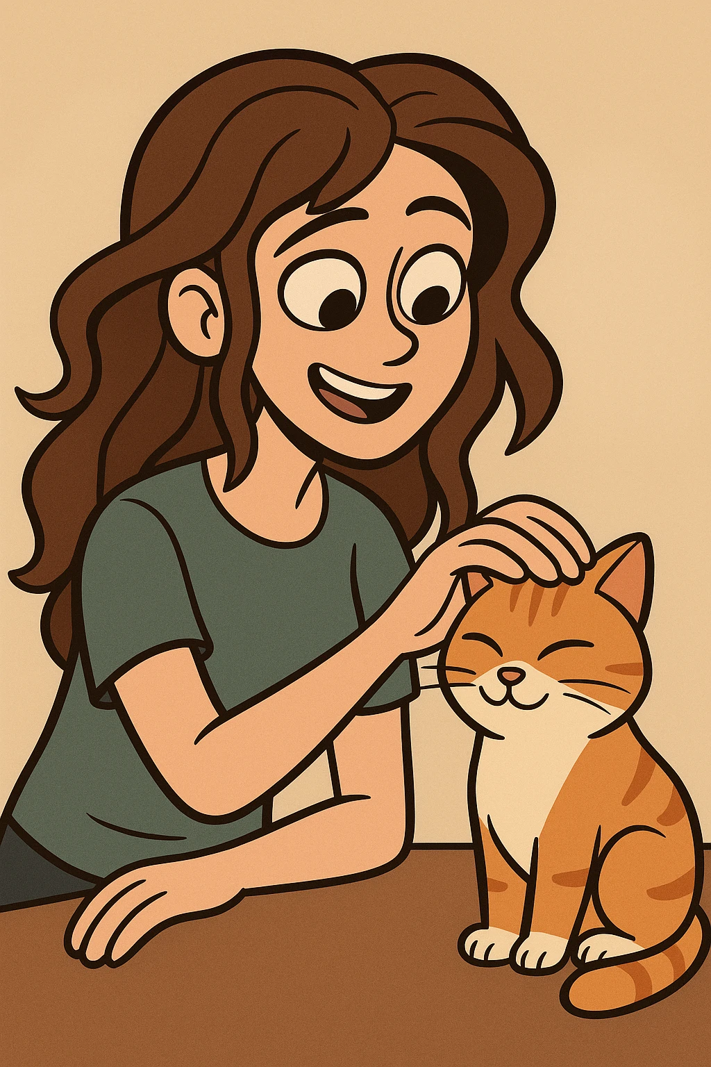 a girl with long wavy brown hair and brown eyes petting a cat, modern cartoon style emoji