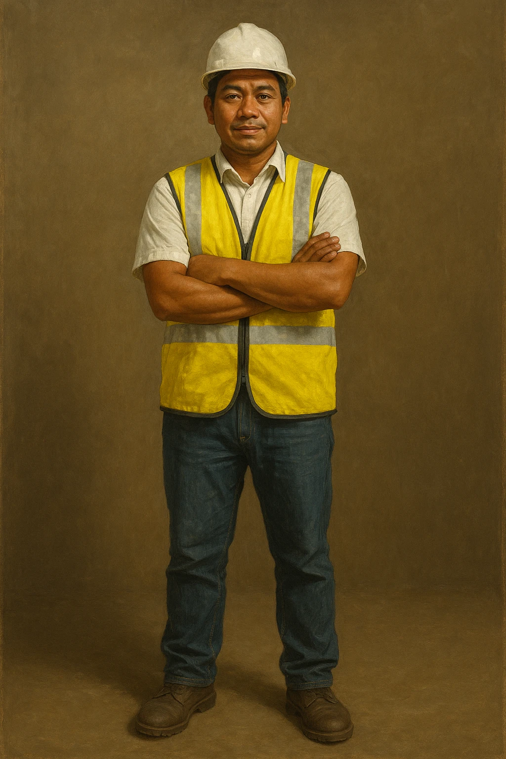 Сгенерируй мне в стиле реалистичной живописи на однородном фоне инженера индонезийской внешности, он в каске и строительном жилете. Он одет опрятно и чисто. В полный рост emoji