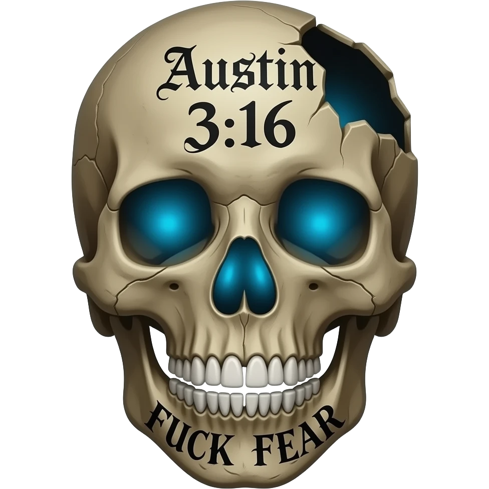 human skull, partially missing top, in same gothic font FUCK FEAR carved on jaw, slightly open, teeth chipped, Austin 3:16 carved, stacked, engraved in forehead, eye & nose cavity with BLUE GLOW, words a BLACK Gothic font, entire skull is aged, sun dried, weathered emoji