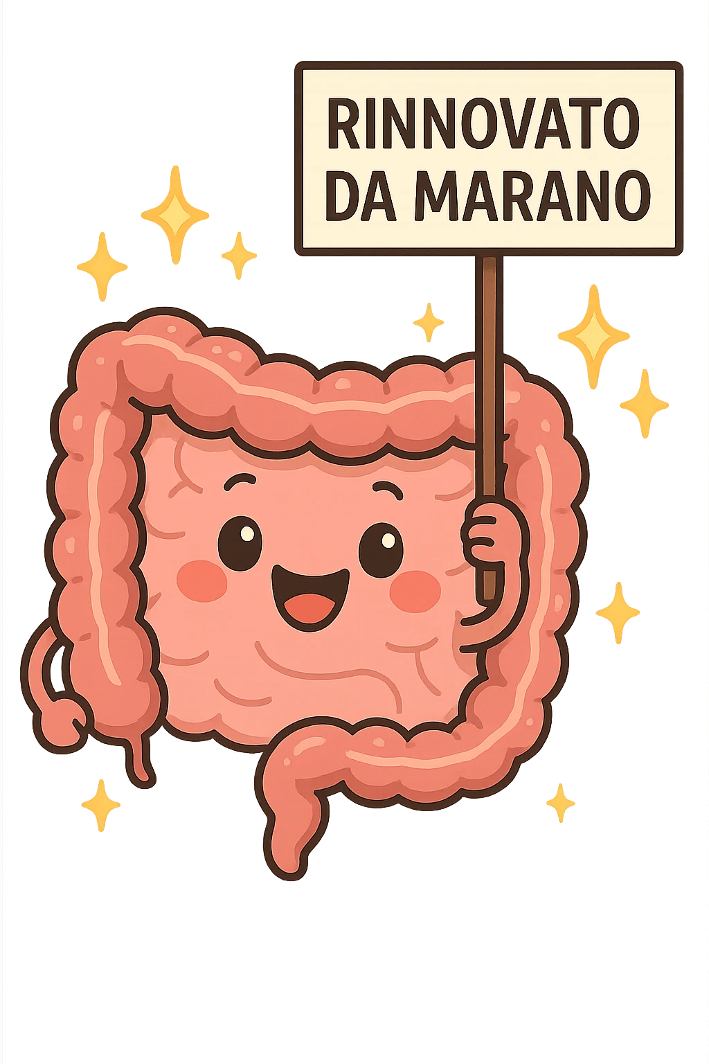fammi un intestino identico a questo, ma felice e con le scintille di splendore dorate sopra, si sta rinnovando come se fosse in ottima salute, in mano ha un cartello con la scritta "RINNOVATO DA MARANO" emoji