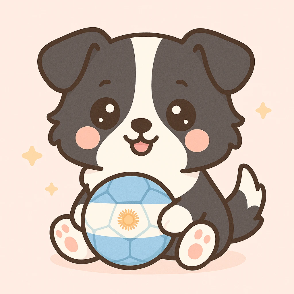 cute Border Collie puppy with blue and white soccer ball, Argentinian theme, kawaii style emoji