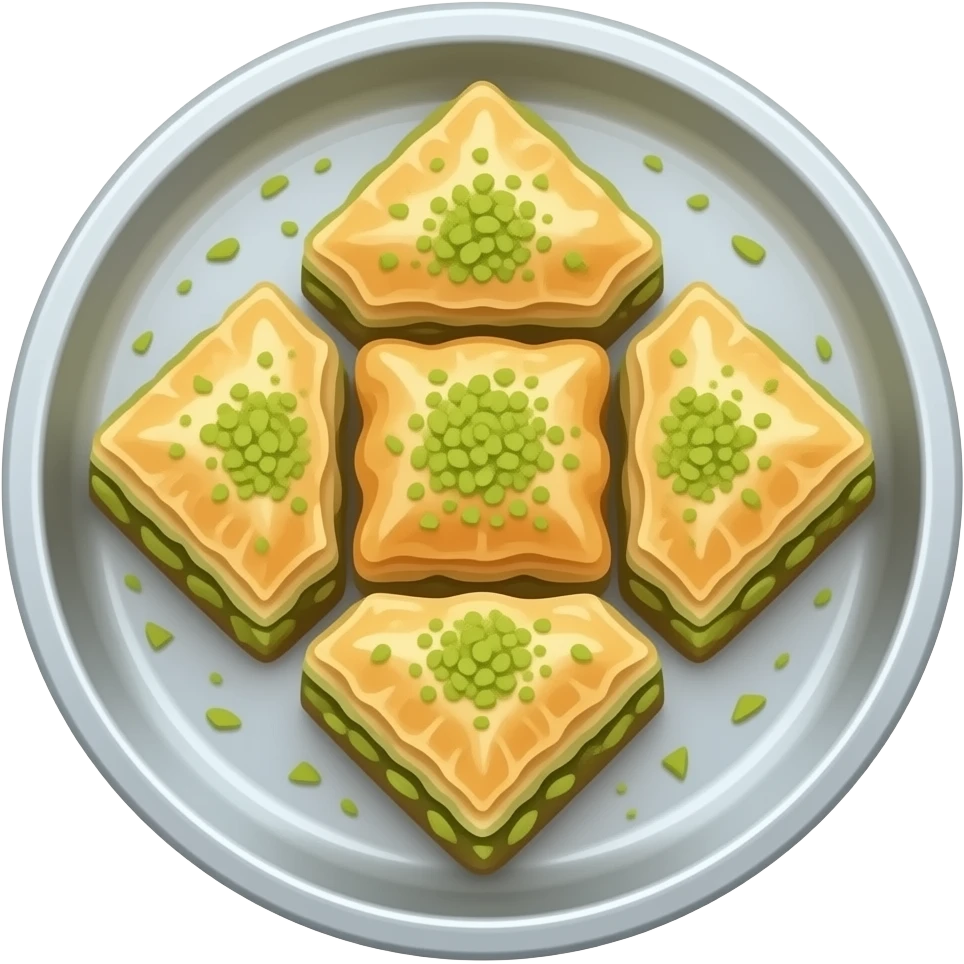 Yuvarlak gümüş bir tepside kare dilimlenmiş 6 adet fıstıklı baklavalar emoji