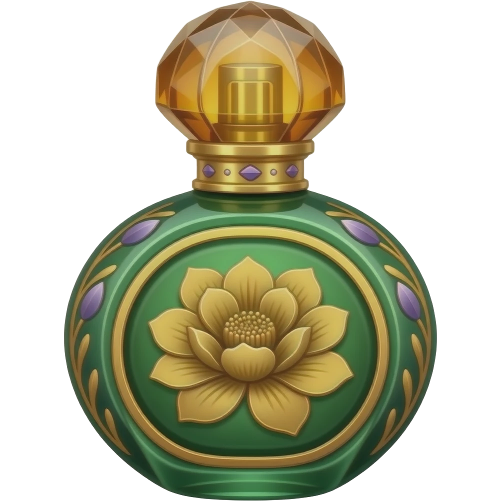 An elegant perfume bottle in emerald green glass and warm amber crystal, with floral engraving, gold detailing, and subtle violet accents, rendered in a sophisticated botanical fantasy style. emoji