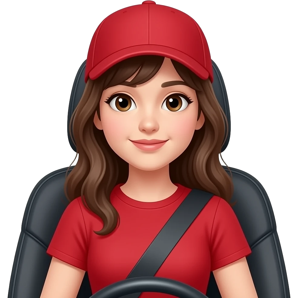 a girl with red shirt and wear a cap driving with seat belt close up emoji
