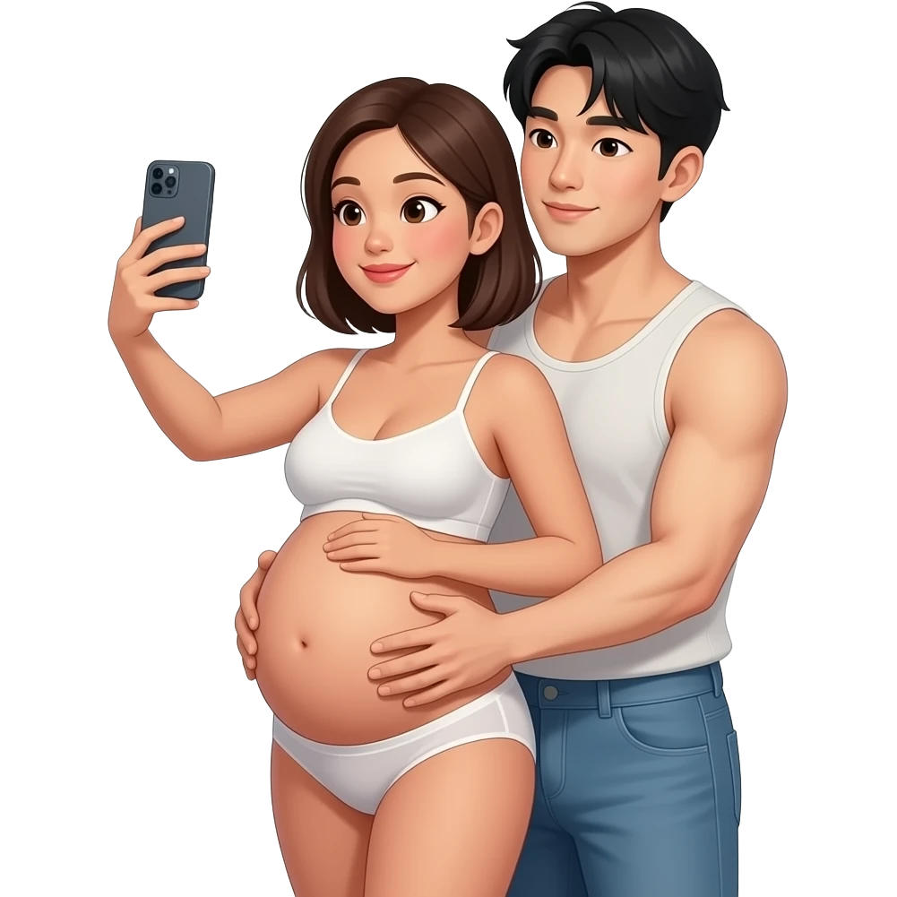 generate me a hot filipina with brown skin pregnant taking a mirror selfie with bangs and short hair with a hot korean guy with bangs hair besides her carrying her womb like doing a backhug. make them wear underwear. emoji