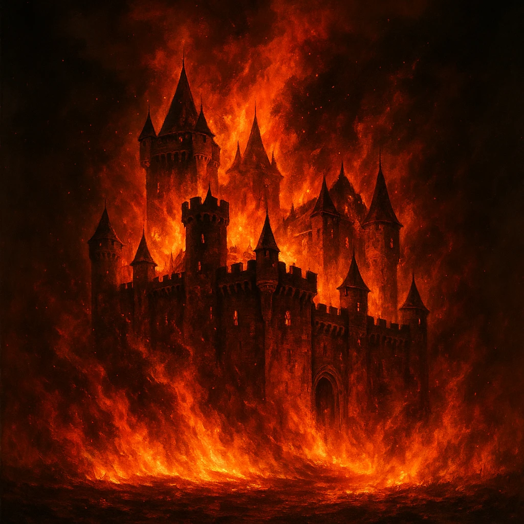 castle in fire, dark background, intense orange and red flames emoji