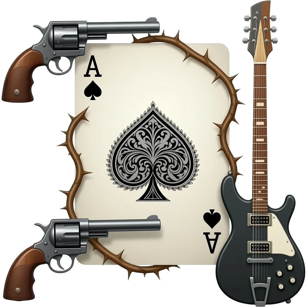 richly ornamented spade ace surrounded by tendrils of thorns and antique 1851 Navy Revolvers and Rickenbacker MODEL 4003SW emoji