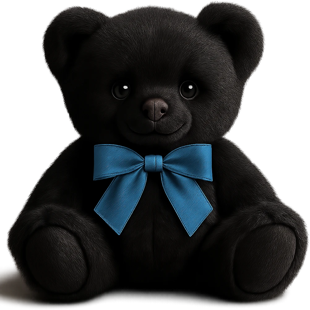 Change the teddy bear's fur to a realistic black color, keep soft lighting, and maintain a transparent background. The style should remain consistent with the original image's soft and realistic look. emoji