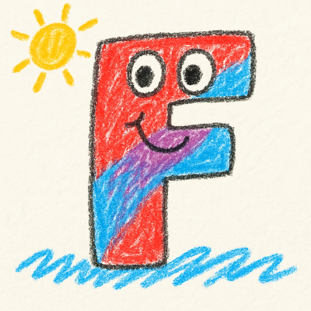 A bold, rounded letter F with eyes and a smile, decorated in vibrant, kid-friendly colors, in a fun ABC style. emoji