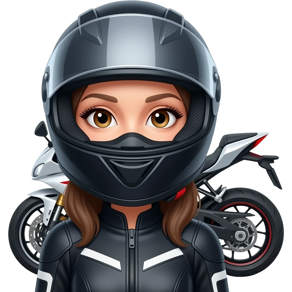 mulher com um capacete de mota que SÓ se ve os seus olhos ou seja a cara é quase toda tapada com o capacete menos os olhos porem aberto e que se veja os cílios bem grandes e a mota ao lado da mulher e a mesma com roupa de motoqueira com os olhos mais relaxados emoji