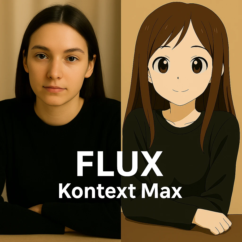 same similar image but chnage the text to "Flux Kontext Max", change people and pose too emoji