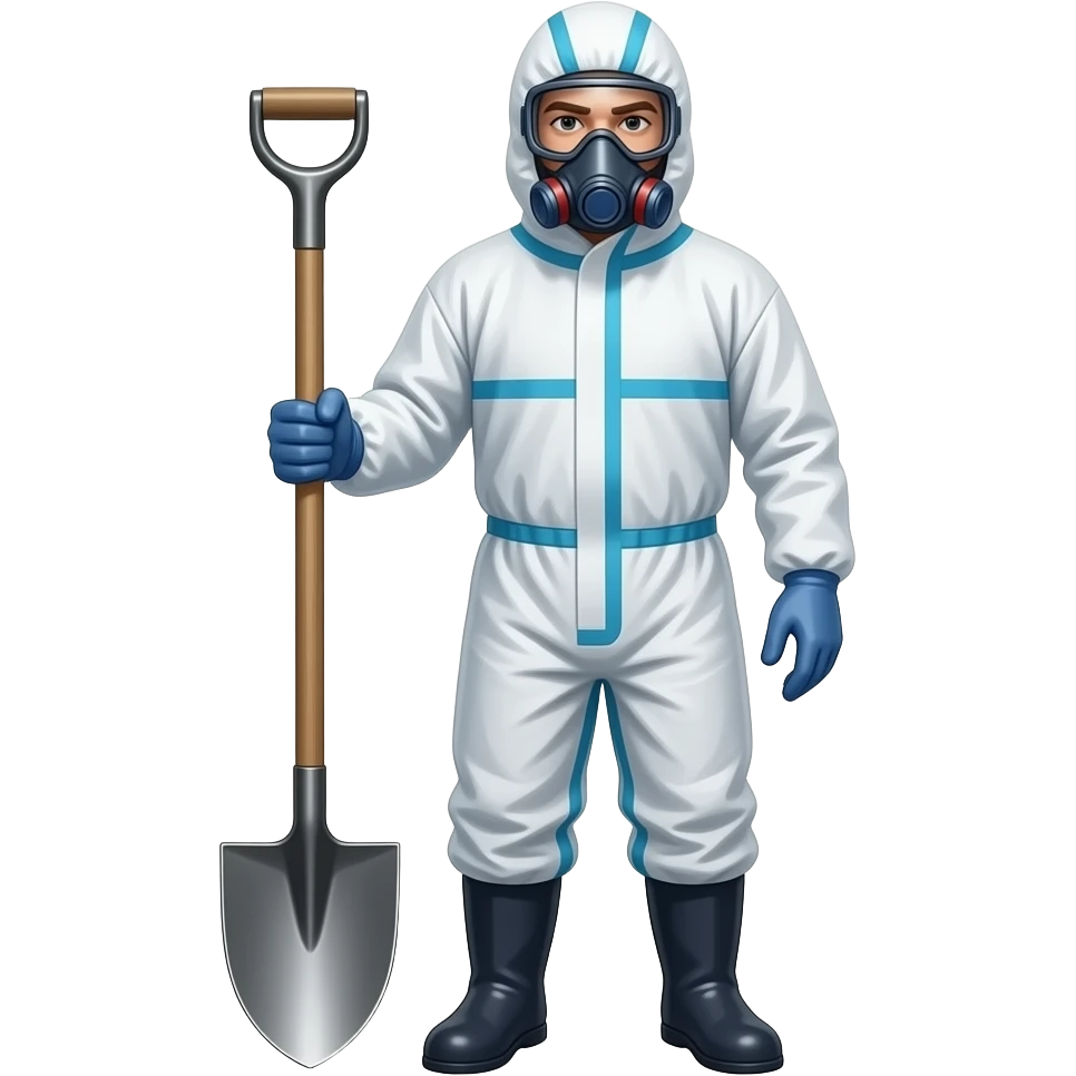 a man in a chemical protection suit with a shovel emoji