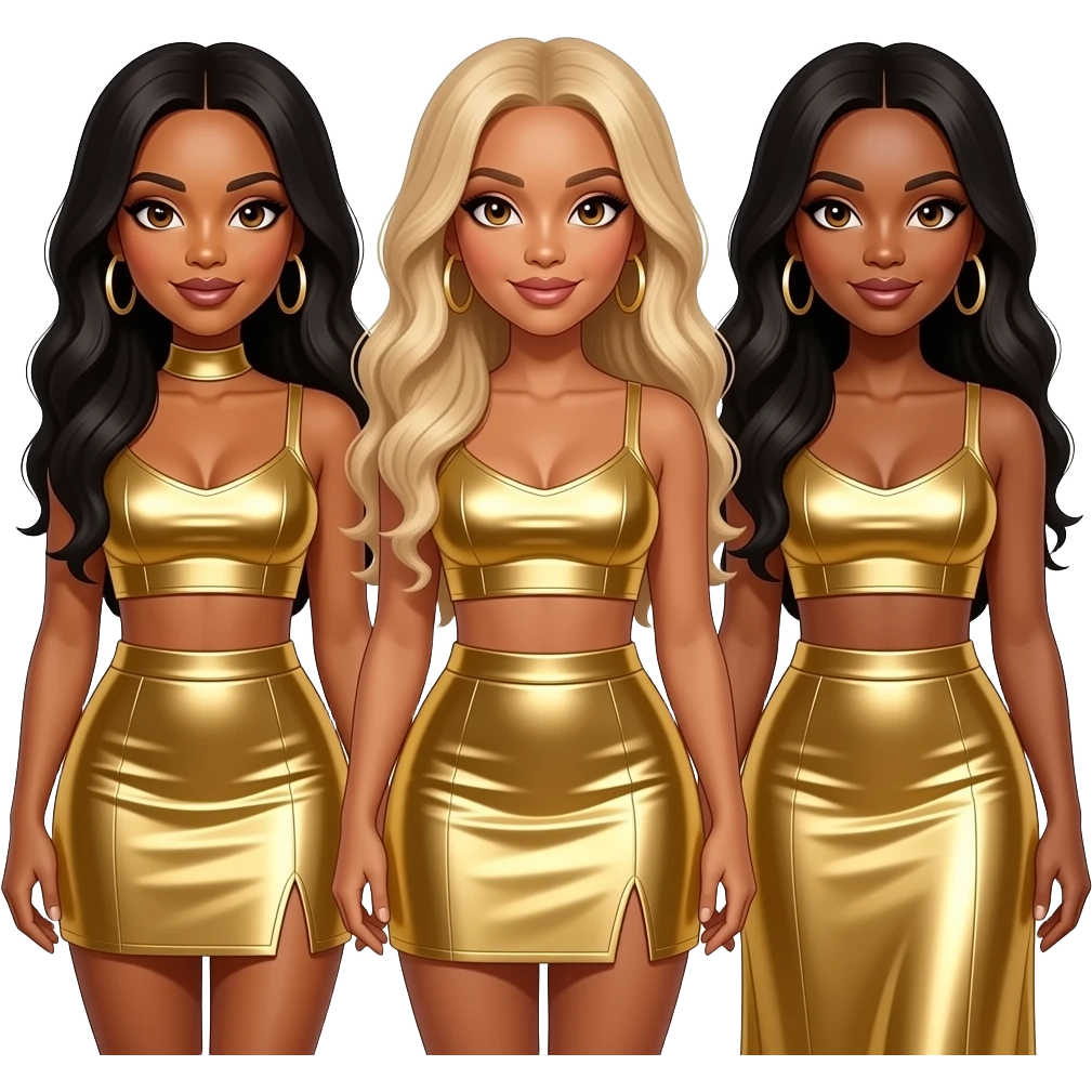 Destiny's Child with Kelly with brown eyes, black hair, gold metallic crop top and skirt, Beyonce with hazel eyes, long blonde hair, gold metallic crop top and skirt, Michelle with brown eyes, long black hair, gold metallic crop top and long skirt emoji