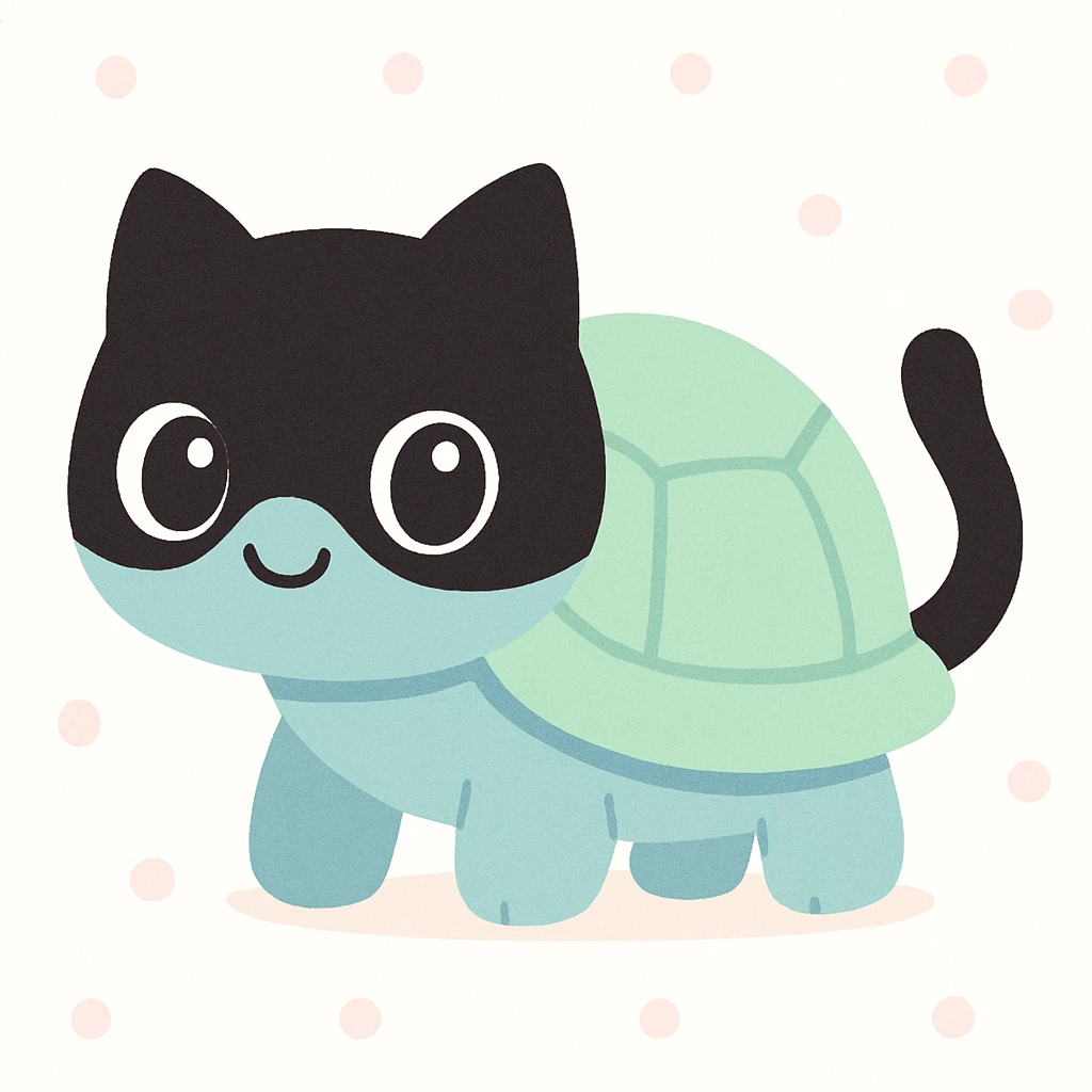 a tortoise with a black cat mask and tail, blending tortoise and feline features in a whimsical way emoji