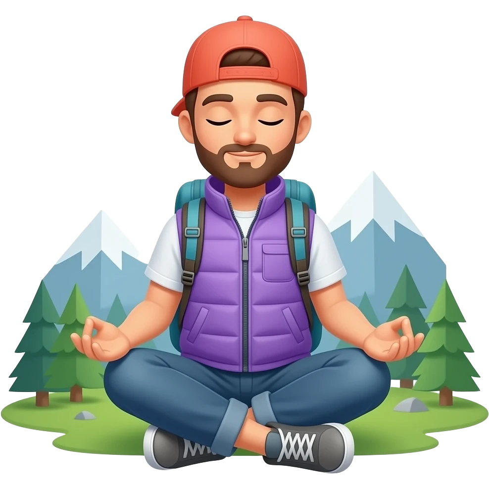 Emoji person, no gender, lilac vest and backpack, coral cap, meditating in mountains, peaceful, Apple emoji style emoji