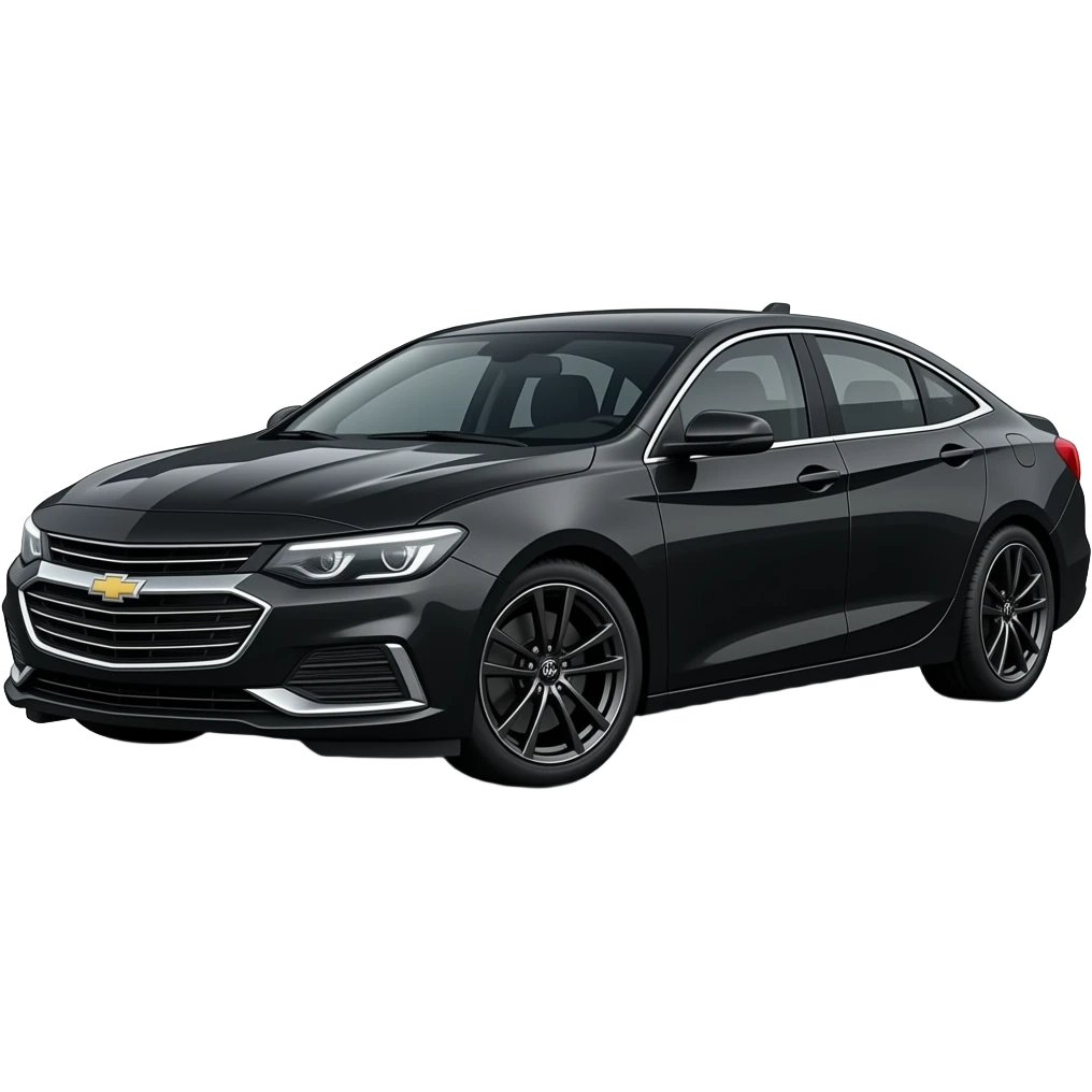 A realistic, high-detail photograph of a glossy black Chevrolet Malibu 2 Turbo Premier sedan with tinted windows, bright LED white headlights emitting a dinamic brighting glowing effect and black alloy rims. emoji