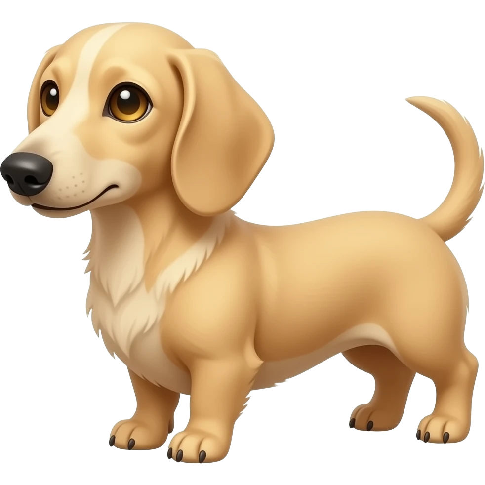 A small, thin dachshund with a narrow muzzle, dark pink colored nostrils, and a creamy blonde colored coat, with gold colored eyes emoji