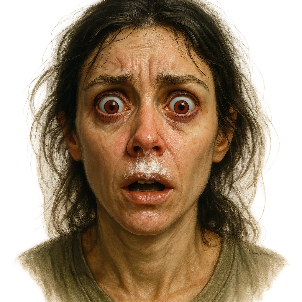 woman with white powder under her nose, wide red eyes, expressive, detailed, no background emoji